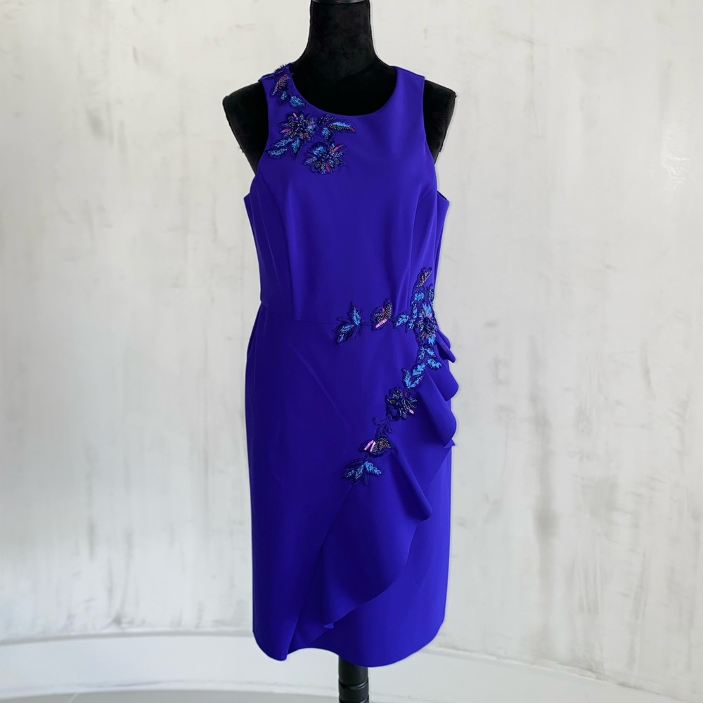 Marchesa Notte Crew Neck purple formal sleeveless round neck Midi Dress. Size 14